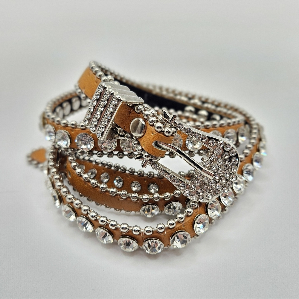 Crystal Bling MMS Design Studio Tan Skinny Belt Sz L
